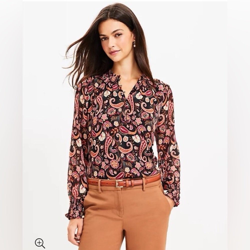 LOFT Paisley Chiffon Ruffle Smocked Blouse Top